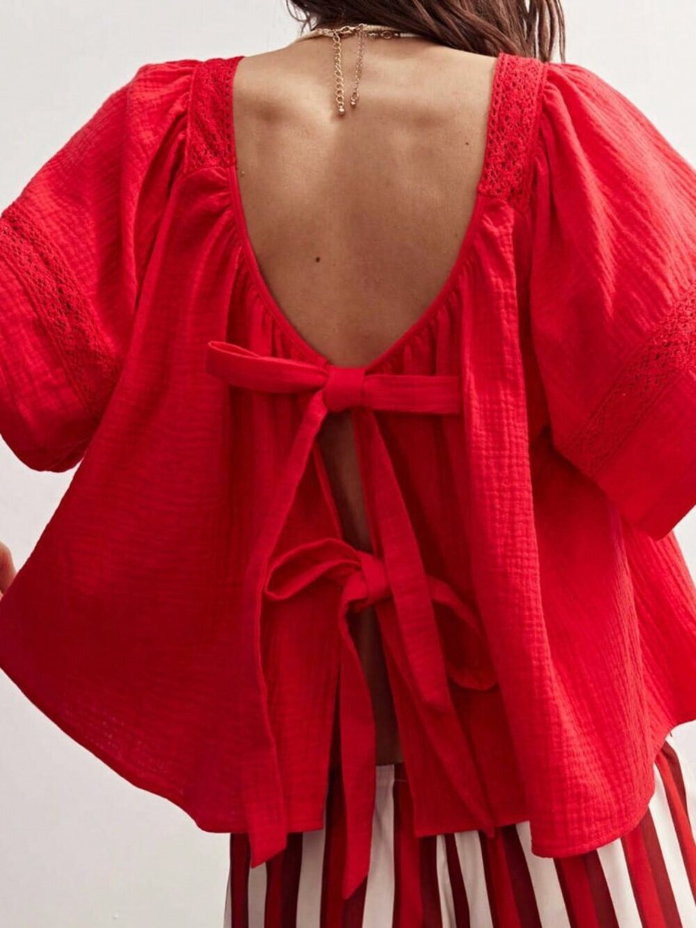 Red Casual Women's Woven Bow Tie Back Square Neck Embroidery Detail Blouse